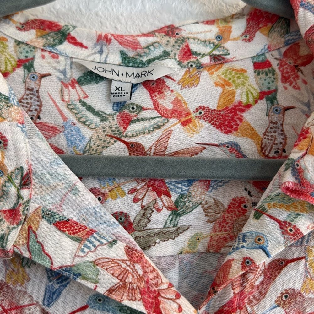 John Mark Multicolor Bird Print Button-Up Blouse - White Base - Picture 4 of 12